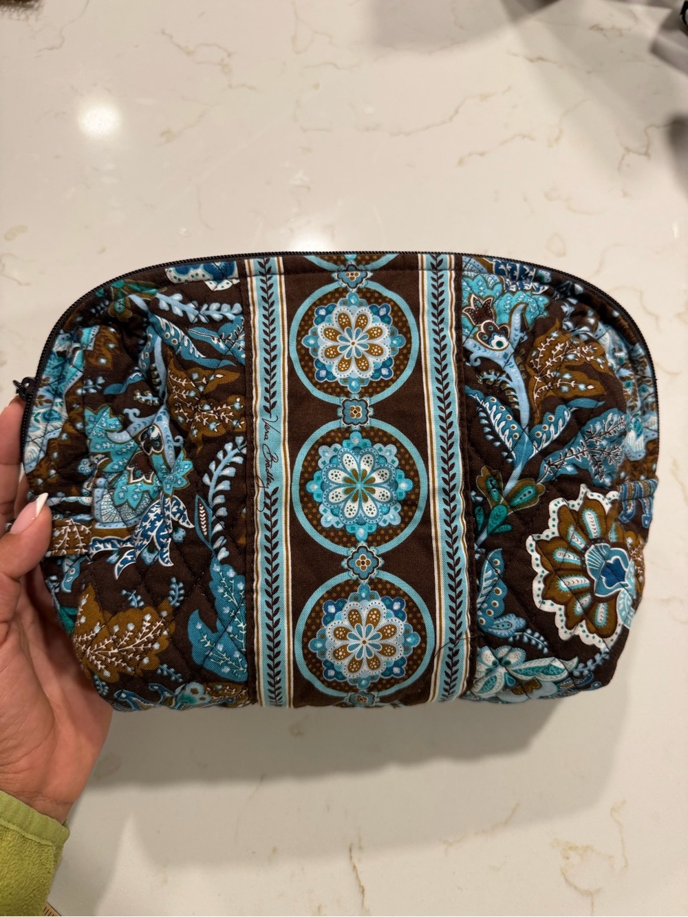 Vera Bradley Brown and Teal Quilted Floral Cosmetic Pouch